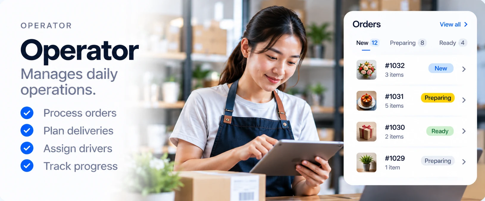 Operator: manages daily operations — process orders, plan deliveries, assign Drivers, track progress
